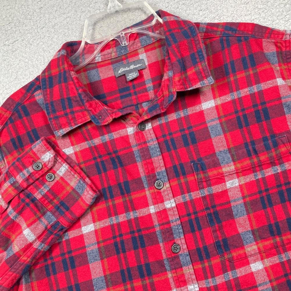 Eddie‎ Bauer  Flannel Shirt Mens XXL Red Blue Plaid Long Sleeve Cotton Button